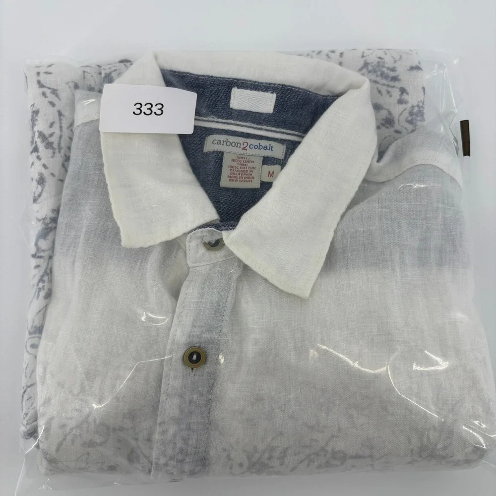 Carbon 2 Cobalt Mens White Grey Ombre Floral 100% Linen Short Sleeve Shirt‎ M